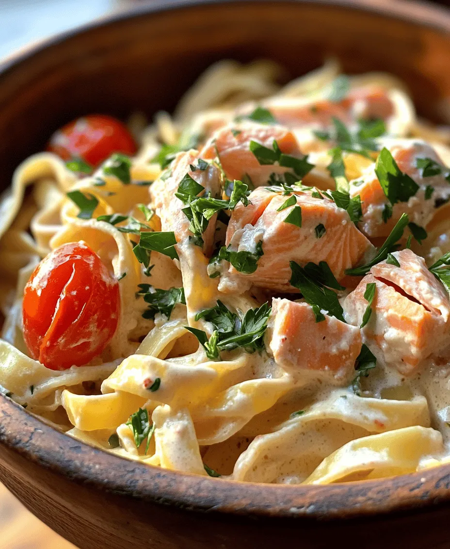 In the realm of culinary delights, few dishes can match the comfort and satisfaction offered by a creamy pasta dish. Among these, <strong>One Pot Creamy Salmon Pasta</strong> stands out not only for its rich flavors but also for its convenience. This dish combines tender pasta with succulent salmon, enveloped in a luscious creamy sauce that feels indulgent yet is surprisingly easy to prepare. As we delve into this recipe, you’ll discover why it’s quickly becoming a favorite for busy weeknights and special occasions alike.” /></p>
</p>
<h3>Adding Pasta and Broth</h3>
</p>
<p>Once your sautéed vegetables are fragrant and tender, it’s time to add the pasta and broth to create a creamy, cohesive dish. Start by adding your choice of pasta directly to the pot. For this recipe, short pasta types such as penne or fusilli work wonderfully, as they hold the creamy sauce well.</p>
</p>
<p>Next, pour in the broth—chicken or vegetable broth works perfectly, depending on your preference. The liquid should cover the pasta completely, but if you need to add a bit more, feel free. Stir everything together to ensure the pasta is well distributed and coated with the broth.</p>
</p>
<h3>Importance of Simmering and Cooking Pasta Properly</h3>
</p>
<p>Simmering is key in this one-pot recipe. Bring the mixture to a gentle boil, then reduce the heat to a low simmer. This method allows the pasta to absorb the flavors of the broth while cooking evenly. Cooking pasta in the broth instead of boiling it separately not only saves time but also enhances the overall flavor of the dish.</p>
</p>
<p>Be sure to check the cooking time on your pasta package, as different shapes and brands may vary. Stir occasionally to prevent sticking. A good rule of thumb is to cook the pasta for about 1-2 minutes less than the package instructions suggest since it will continue cooking once you add the cream and salmon.</p>
</p>
<h3>Tips for Ensuring Even Cooking</h3>
</p>
<p>To ensure your pasta cooks evenly, follow these tips:</p>
</p>
<p>1. <strong>Stir Frequently</strong>: This helps prevent the pasta from clumping together and ensures that it cooks uniformly.</p>
</p>
<p>2. <strong>Adjust Heat</strong>: If the broth boils too vigorously, reduce the heat to maintain a steady simmer. A gentle simmer is best for even cooking.</p>
</p>
<p>3. <strong>Check for Doneness</strong>: Taste a piece of pasta a minute or two before the suggested cooking time to see if it’s al dente. It should be cooked through but still have a slight bite.</p>
</p>
<h3>Incorporating Cream and Salmon</h3>
</p>
<p>Now that your pasta is perfectly cooked, it’s time to create that luscious creamy sauce. Reduce the heat to low and add your cream—heavy cream or half-and-half work best for a rich texture. Stir it in slowly, allowing the pasta to absorb the creaminess.</p>
</p>
<p>Next, add your cooked salmon. If you’re using fresh salmon, it should be cooked separately beforehand, then flaked into bite-sized pieces. Gently fold the salmon into the pasta mixture, ensuring even distribution without breaking it apart too much.</p>
</p>
<h3>Techniques for Achieving a Silky Sauce</h3>
</p>
<p>To achieve that silky, creamy sauce that coats every piece of pasta, follow these techniques:</p>
</p>
<p>1. <strong>Gradual Addition</strong>: Introduce the cream gradually. This allows for better emulsification and prevents the sauce from becoming too runny.</p>
</p>
<p>2. <strong>Stirring Constantly</strong>: Keep stirring as you incorporate the cream. This helps to combine the sauce and pasta thoroughly, ensuring every bite is deliciously creamy.</p>
</p>
<p>3. <strong>Cheese Addition</strong>: For extra creaminess and flavor, consider adding freshly grated Parmesan cheese. Stir it in at the end, allowing it to melt and blend seamlessly into the sauce.</p>
</p>
<h3>Ensuring Even Distribution of Salmon and Cheese</h3>
</p>
<p>To guarantee that the salmon and cheese are evenly distributed throughout the pasta, use a spatula or wooden spoon to gently fold them into the mixture. Doing this carefully will prevent the salmon from falling apart while ensuring every bite has a taste of both the salmon and the cheesy sauce.</p>
</p>
<h3>Final Seasoning and Garnishing</h3>
</p>
<p>Taste your creamy salmon pasta before serving. This is the moment to add any additional seasonings, such as salt, pepper, or a squeeze of lemon juice to brighten the flavors.</p>
</p>
<p>For garnishing, consider fresh herbs like dill or parsley. Not only do they add color, but they also enhance the dish’s flavor profile. A sprinkle of capers can introduce a delightful brininess that complements the salmon beautifully.</p>
</p>
<h3>Importance of Tasting and Adjusting Seasoning</h3>
</p>
<p>Tasting is crucial when it comes to seasoning. Every ingredient contributes to the overall flavor, so take a moment to ensure the balance is just right. If the dish feels too rich, a dash of acidity from lemon juice or a splash of white wine can elevate the flavors beautifully.</p>
</p>
<h3>Creative Ideas for Garnishing</h3>
</p>
<p>Beyond herbs, think about other creative garnishing options such as:</p>
</p>
<p>– <strong>Toasted Pine Nuts</strong>: These add a delightful crunch and nutty flavor.</p>
<p>– <strong>Lemon Zest</strong>: A fresh citrus zing that brightens the dish.</p>
<p>– <strong>Red Pepper Flakes</strong>: A pinch can introduce a spicy kick if desired.</p>
</p>
<h3>Nutritional Benefits of Creamy Salmon Pasta</h3>
</p>
<p>Creamy salmon pasta is not only delicious but also offers substantial nutritional benefits.</p>
</p>
<h4>Overview of Nutritional Profile per Serving</h4>
</p>
<p>A standard serving of creamy salmon pasta can provide approximately:</p>
</p>
<p>– <strong>Calories</strong>: 600-700</p>
<p>– <strong>Protein</strong>: 30-35g</p>
<p>– <strong>Carbohydrates</strong>: 60-70g</p>
<p>– <strong>Fat</strong>: 25-30g</p>
</p>
<p>These values can vary based on the specific ingredients and portion sizes you use.</p>
</p>
<h4>Health Benefits of Salmon and Its Omega-3 Fatty Acids</h4>
</p>
<p>Salmon is one of the healthiest fish options available, packed with nutrients, including:</p>
</p>
<p>– <strong>Omega-3 Fatty Acids</strong>: Known for their heart-healthy benefits, these essential fats can help reduce inflammation and improve overall cardiovascular health.</p>
<p>– <strong>High-Quality Protein</strong>: Vital for muscle growth and repair, protein is an essential nutrient that supports overall health.</p>
<p>– <strong>Vitamins and Minerals</strong>: Salmon is rich in B vitamins, selenium, and potassium, all of which contribute to maintaining various bodily functions.</p>
</p>
<h4>Balancing Indulgence with Nutrition in Creamy Dishes</h4>
</p>
<p>While creamy dishes often get a bad rap for being unhealthy, it’s possible to balance indulgence with nutrition. By incorporating whole grains in your pasta and using moderate amounts of cream, you can create a satisfying dish that doesn’t compromise your health goals.</p>
</p>
<h3>Pairing Suggestions</h3>
</p>
<p>To enhance your dining experience, consider these pairing suggestions:</p>
</p>
<h4>Recommended Side Dishes to Complement the Pasta</h4>
</p>
<p>1. <strong>Garlic Bread</strong>: A classic pairing, garlic bread is perfect for soaking up delicious sauce remnants.</p>
<p>2. <strong>Steamed Vegetables</strong>: Fresh, steamed vegetables like asparagus or broccoli add color and nutritional value to your meal.</p>
</p>
<h4>Wine Pairings That Enhance the Dining Experience</h4>
</p>
<p>For wine enthusiasts, a crisp white wine, such as a Sauvignon Blanc or a Chardonnay, pairs beautifully with creamy salmon pasta. The acidity of these wines cuts through the richness of the dish, creating a harmonious balance.</p>
</p>
<h4>Ideas for Salads or Bread to Serve Alongside</h4>
</p>
<p>– <strong>Caesar Salad</strong>: The creamy dressing complements the pasta, while the crunchy romaine provides texture.</p>
<p>– <strong>Simple Green Salad</strong>: A light salad with mixed greens, cherry tomatoes, and a lemon vinaigrette adds freshness to the meal.</p>
</p>
<h3>Storage and Reheating Tips</h3>
</p>
<p>If you have leftovers, proper storage and reheating methods can preserve the quality of your creamy salmon pasta.</p>
</p>
<h4>Proper Storage Methods for Leftovers</h4>
</p>
<p>Allow the pasta to cool completely before transferring it to an airtight container. Store it in the refrigerator for up to 3 days. For longer storage, consider freezing individual portions in freezer-safe containers.</p>
</p>
<h4>Best Practices for Reheating Without Losing Quality</h4>
</p>
<p>To reheat, place the pasta in a saucepan over medium-low heat. Add a splash of broth or cream to help revive the sauce’s creaminess. Stir gently until heated through, being careful not to overcook the salmon, which can cause it to become dry.</p>
</p>
<h3>Conclusion</h3>
</p>
<p>Creamy salmon pasta is a unique dish that combines simplicity with rich flavors, making it a perfect choice for weeknight dinners or special occasions. The beauty of this one-pot meal lies in its ease of preparation and the ability to customize it to your taste.</p>
</p>
<p>Emphasize the joy of cooking with one-pot meals that minimize cleanup while maximizing flavor. Experiment with different ingredients, such as vegetables or herbs, to make the recipe your own. Whether you stick to the classic version or explore variations, this creamy salmon pasta is sure to become a beloved staple in your kitchen.</p>
<div id=