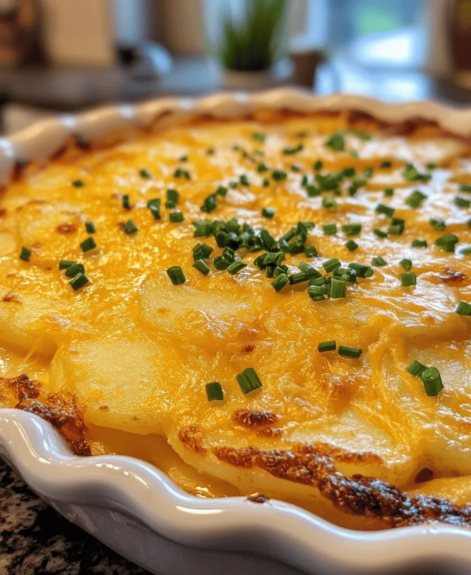 When it comes to comfort food, few dishes evoke feelings of warmth and nostalgia quite like scalloped potatoes. This beloved side dish combines the humble potato with a luxurious creamy sauce and a medley of cheeses, making it a staple on dinner tables across the world. Among the many variations, the <strong>Creamy Cheesy Scalloped Potato Delight</strong> stands out for its indulgent texture and rich flavor, making it perfect not just for everyday meals but also for special occasions.” /></p>
</p>
<h3>Combining Liquids and Cheeses</h3>
</p>
<p>To create the perfect creamy sauce for your Creamy Cheesy Scalloped Potato Delight, it’s essential to combine the liquids and cheeses effectively. Start by heating your liquids, which typically consist of milk and cream, in a saucepan over medium heat. The goal is to warm the mixture without boiling it, as boiling can cause the dairy to curdle.</p>
</p>
<p>Once your liquids are heated, it’s time to introduce the cheeses. A combination of sharp cheddar and Gruyère cheese works beautifully for this dish, offering a balance of flavor and creaminess. To avoid lumps, grate your cheese finely before adding it to the warm liquid. This will help it melt quicker and more evenly.</p>
</p>
<h4>Techniques to Avoid Lumps and Achieve a Smooth Consistency</h4>
</p>
<p>To ensure a smooth, lump-free cheese sauce, consider the following techniques:</p>
</p>
<p>1. <strong>Gradual Addition</strong>: Slowly whisk in the cheese, a handful at a time, into the warm milk and cream mixture. This gradual incorporation allows the cheese to melt more evenly.</p>
</p>
<p>2. <strong>Use a Whisk</strong>: A whisk is your best friend when trying to achieve a smooth consistency. It aerates the sauce and helps break down any clumps.</p>
</p>
<p>3. <strong>Heat Control</strong>: Keep the heat on low to medium while stirring continuously. High heat can cause the cheese to seize up, leading to an undesirable texture.</p>
</p>
<p>4. <strong>Starch Adjustment</strong>: If you find that your sauce is still too thin, you can mix a tablespoon of cornstarch with a bit of cold milk to create a slurry. Stir this into the sauce and heat gently until thickened.</p>
</p>
<h4>Tips for Melting Cheese Perfectly into the Sauce</h4>
</p>
<p>Melting cheese into a sauce requires a gentle approach. Here are some tips to ensure your cheese melts perfectly:</p>
</p>
<p>– <strong>Room Temperature Cheese</strong>: Allow your cheeses to come to room temperature before adding them to the sauce. Cold cheese straight from the fridge will take longer to melt and may contribute to a lumpy texture.</p>
</p>
<p>– <strong>Choice of Cheese</strong>: Opt for cheeses with good melting properties, like Monterey Jack or Fontina, in addition to your primary cheeses. These melt smoothly and integrate well into the sauce.</p>
</p>
<p>– <strong>Avoid Pre-Shredded Cheese</strong>: While convenient, pre-shredded cheese often contains anti-caking agents that can affect the melting quality. Grating your cheese fresh will yield a better result.</p>
</p>
<h3>Layering the Potatoes</h3>
</p>
<p>Once your sauce is ready, it’s time to layer the potatoes for baking. This step is crucial for achieving that signature creamy texture and ensuring even cooking throughout the dish.</p>
</p>
<h4>Importance of Even Distribution for Cooking Consistency</h4>
</p>
<p>When layering the potatoes, strive for an even distribution in your baking dish. This ensures that each slice of potato is cooked uniformly, avoiding any undercooked or overcooked pieces. Start with a layer of sauce at the bottom of your baking dish, followed by a layer of thinly sliced potatoes. Repeat this process, alternating between sauce and potatoes, until you reach the top of the dish, finishing with a generous layer of sauce and cheese.</p>
</p>
<h4>Visual Cues for Layering</h4>
</p>
<p>As you layer, keep an eye on the visual cues. The potatoes should fit snugly against each other, with just enough space for the sauce to seep in. The top layer should be a rich, creamy sauce, vividly showcasing the cheese.</p>
</p>
<h3>Baking Process</h3>
</p>
<p>Now that your dish is beautifully layered, it’s time to bake it.</p>
</p>
<h4>Explanation of Covering and Uncovering During Baking</h4>
</p>
<p>Cover the baking dish with aluminum foil to trap steam during the initial baking phase. This helps the potatoes cook thoroughly without drying out. Bake at 375°F (190°C) for about 45 minutes. After this time, carefully remove the foil. This allows the top layer to brown and develop that beautiful golden crust.</p>
</p>
<h4>Importance of Checking Potato Tenderness and Cheese Bubbling</h4>
</p>
<p>The key to perfect scalloped potatoes is ensuring the potatoes are tender and the cheese is bubbling. After about 1 hour of baking (including the initial covered phase), check for doneness by piercing a potato slice with a fork. It should slide in easily without resistance. If the top isn’t bubbling yet, you can return it to the oven uncovered for an additional 10-15 minutes to achieve that desired golden, bubbly finish.</p>
</p>
<h3>Garnishing</h3>
</p>
<p>As your Creamy Cheesy Scalloped Potato Delight cools for a few minutes, consider finishing it off with a garnish. Fresh chives, finely chopped, not only add a pop of color but also enhance the overall flavor profile of the dish. The subtle onion flavor of chives complements the richness of the cheese and cream, creating a balanced bite.</p>
</p>
<h3>Serving Suggestions</h3>
</p>
<p>This dish is versatile and pairs wonderfully with a variety of main courses and side dishes.</p>
</p>
<h4>Ideas for Pairing the Scalloped Potatoes with Main Dishes</h4>
</p>
<p>Consider serving your scalloped potatoes alongside a roasted chicken or grilled steak. The creamy texture of the potatoes cuts through the savory flavors of the meats, creating a satisfying meal. For a lighter option, pair it with a fresh salad topped with a tangy vinaigrette to balance the richness.</p>
</p>
<h4>Suggestions for Side Dishes That Complement the Creamy, Cheesy Flavors</h4>
</p>
<p>Complement your scalloped potatoes with side dishes like sautéed green beans, steamed broccoli, or a simple Caesar salad. These options provide a refreshing contrast to the creamy potatoes, ensuring a well-rounded meal.</p>
</p>
<h4>Variations for Serving: Portion Sizes, Family-Style Serving, or Individual Ramekins</h4>
</p>
<p>For an elegant presentation, consider serving the scalloped potatoes in individual ramekins, making it perfect for special occasions or dinner parties. Alternatively, you can serve the dish family-style in a large baking dish, allowing guests to help themselves.</p>
</p>
<h3>Nutritional Information</h3>
</p>
<p>When indulging in Creamy Cheesy Scalloped Potato Delight, it’s essential to consider the nutritional values. A typical serving of this dish contains approximately 350-400 calories, depending on portion size and the specific cheeses used.</p>
</p>
<h4>Overview of Estimated Nutritional Values Per Serving</h4>
</p>
<p>Each serving generally includes about 20 grams of fat, 25 grams of carbohydrates, and 10 grams of protein. As with any dish rich in cheese and cream, moderation is key.</p>
</p>
<h4>Discussion of Portion Control and Moderation in Enjoying Creamy Dishes</h4>
</p>
<p>While this dish is undeniably comforting, it’s essential to enjoy it in moderation. Consider serving smaller portions alongside a well-balanced meal to manage caloric intake without sacrificing flavor.</p>
</p>
<h4>Suggestions for Making the Recipe Lighter or Healthier Without Sacrificing Flavor</h4>
</p>
<p>To lighten up this dish without compromising its rich flavor, consider substituting half-and-half for the heavy cream or using low-fat cheese options. You can also add vegetables like spinach or mushrooms to the layers for added nutrition and flavor.</p>
</p>
<h3>Conclusion</h3>
</p>
<p>The Creamy Cheesy Scalloped Potato Delight is not just a dish; it’s a comforting experience that brings warmth to any table. Its rich, creamy layers of potato and cheese create a satisfying meal that is perfect for family gatherings, potlucks, or simply a cozy night in.</p>
</p>
<p>Preparing and sharing this dish with loved ones is a joy that transcends the flavors on the plate. This recipe invites you to experiment with flavors, textures, and serving styles, making it a personal favorite that you’ll return to time and again.</p>
</p>
<p>So, roll up your sleeves and get ready to create your own version of this classic dish. Whether you stick to the traditional recipe or make it your own, the enjoyment of sharing this delightful creation is sure to bring smiles to your table. Happy cooking!</p>
<div id=