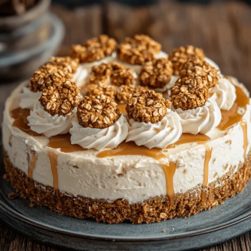 Imagine cutting into a slice of Oatmeal Creme Pie Cheesecake, revealing layers of flavor and texture that are visually enticing. The cheesecake sits atop a perfectly baked oatmeal cookie crust, golden brown and crumbly, inviting you to take that first bite. The cheesecake filling, with its creamy consistency, is infused with just the right amount of sweetness and hints of vanilla, making each spoonful melt in your mouth. Topping it all off is a generous swirl of whipped cream, adding a lightness that balances the richness of the cheesecake. For the finishing touch, a sprinkle of mini oatmeal cookies and a drizzle of caramel sauce create a feast for the eyes and the palate.