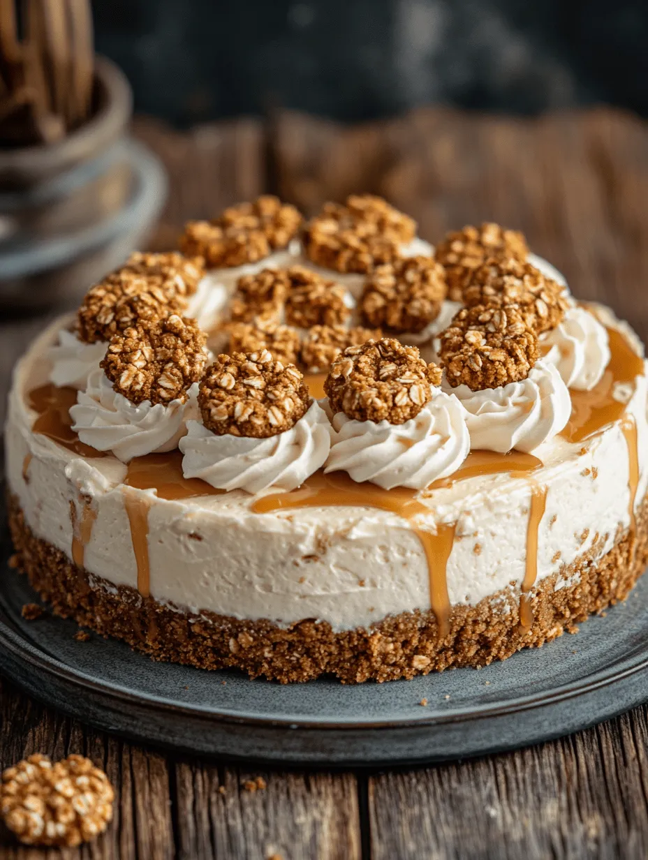 Imagine cutting into a slice of Oatmeal Creme Pie Cheesecake, revealing layers of flavor and texture that are visually enticing. The cheesecake sits atop a perfectly baked oatmeal cookie crust, golden brown and crumbly, inviting you to take that first bite. The cheesecake filling, with its creamy consistency, is infused with just the right amount of sweetness and hints of vanilla, making each spoonful melt in your mouth. Topping it all off is a generous swirl of whipped cream, adding a lightness that balances the richness of the cheesecake. For the finishing touch, a sprinkle of mini oatmeal cookies and a drizzle of caramel sauce create a feast for the eyes and the palate.