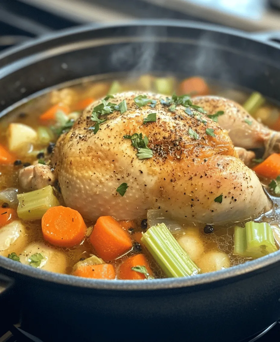 When it comes to making a truly exceptional chicken broth, the choice of chicken is paramount. Using a <strong>whole chicken</strong> is highly recommended, as it enhances both the flavor and nutritional profile of the broth. The bones, skin, and meat work in harmony to create a rich, hearty broth that is comforting and nourishing.” /></p>
</p>
<h3>Techniques for Skimming Foam for a Clearer Broth</h3>
</p>
<p>When making chicken broth, achieving a clear and pristine liquid is often the goal. As the broth simmers, proteins and impurities from the chicken and vegetables can rise to the surface, forming a foamy layer. Skimming this foam not only enhances the visual appeal of your broth but also improves its flavor and texture.</p>
</p>
<p>To skim the foam effectively:</p>
</p>
<p>1. <strong>Use a Slotted Spoon</strong>: Select a slotted spoon or a fine-mesh skimmer. These tools allow you to lift off the foam while leaving the liquid behind.</p>
<p>2. <strong>Skim Regularly</strong>: Begin skimming as soon as the broth starts to simmer. Continue to skim every 10-15 minutes during the first hour of cooking. This will prevent the foam from cooking back into the broth.</p>
<p>3. <strong>Maintain a Gentle Simmer</strong>: A gentle simmer (not a rolling boil) helps minimize foam production. If the broth is boiling too vigorously, it can agitate the impurities, making them harder to skim.</p>
</p>
<h3>Simmering for Flavor</h3>
</p>
<p>The simmering process is crucial in developing the rich and deep flavors characteristic of homemade chicken broth. During this stage, the heat allows the chicken, vegetables, and herbs to release their flavors into the liquid, creating a complex and comforting broth.</p>
</p>
<h4>Explanation of the Simmering Process and How It Affects Taste</h4>
</p>
<p>Simmering is cooking food in liquid at a temperature just below boiling, typically between 185°F to 205°F (85°C to 96°C). This gentle cooking method ensures that the ingredients infuse their flavors without becoming tough or overcooked.</p>
</p>
<p>During simmering, collagen from the chicken bones breaks down, contributing to the broth’s richness and body. The longer the broth simmers, the more flavor is extracted from the ingredients.</p>
</p>
<h4>Recommendations for Simmering Times and Checking for Doneness</h4>
</p>
<p>For a robust and flavorful chicken broth, aim to simmer your broth for at least 4-6 hours. If you’re using a whole chicken or larger bones, a simmering time of up to 8-12 hours can yield even better results.</p>
</p>
<p>To check for doneness, look for:</p>
</p>
<p>– <strong>Tender Chicken</strong>: If using a whole chicken, the meat should easily pull away from the bones.</p>
<p>– <strong>Rich Color</strong>: The broth should have a golden hue, indicating that the flavors have melded well.</p>
<p>– <strong>Aroma</strong>: The kitchen should be filled with a comforting, savory scent.</p>
</p>
<h3>Straining the Broth</h3>
</p>
<p>Once your broth has simmered to perfection, it’s time to strain it for a smooth finish. Straining removes the solids and leaves you with a clear, flavorful liquid.</p>
</p>
<h4>Best Practices for Straining to Achieve a Smooth Broth</h4>
</p>
<p>1. <strong>Use a Fine-Mesh Strainer</strong>: Set a fine-mesh strainer over a large bowl or pot. Pour the broth through the strainer to separate the liquid from the solids.</p>
<p>2. <strong>Press Gently</strong>: Use the back of a ladle to press down on the solids in the strainer, extracting as much liquid as possible.</p>
<p>3. <strong>Discard the Solids</strong>: The leftover solids can include chicken bones, skin, and vegetable scraps. While you can discard them, consider these options for their use:</p>
<p>– <strong>Chicken Meat</strong>: If there’s any meat left on the bones, shred it and save it for soups, salads, or sandwiches.</p>
<p>– <strong>Vegetable Scraps</strong>: Compost the vegetables or use them in other dishes to minimize waste.</p>
</p>
<h3>Final Seasoning</h3>
</p>
<p>After straining, the next step is to taste and adjust the seasoning of your broth. This final touch is essential to elevate the flavors.</p>
</p>
<h4>How to Taste and Adjust Seasoning</h4>
</p>
<p>1. <strong>Start with Salt</strong>: Add salt gradually, tasting after each addition. Start with 1 teaspoon of salt, stirring well, and then taste. Depending on the strength of your broth and personal preference, you may need more.</p>
<p>2. <strong>Consider Fresh Herbs</strong>: At this stage, adding fresh herbs like thyme, parsley, or dill can enhance the broth. Stir in finely chopped herbs to infuse a fresh aroma and taste.</p>
</p>
<h3>Storage and Usage of Chicken Broth</h3>
</p>
<p>Now that you’ve created a delicious homemade chicken broth, it’s important to store it properly to retain its flavor and nutritional benefits.</p>
</p>
<h4>How to Store Chicken Broth</h4>
</p>
<p>1. <strong>Refrigeration</strong>: Allow the broth to cool completely before transferring it to airtight containers. Store it in the refrigerator for up to 5 days.</p>
<p>2. <strong>Freezing</strong>: For long-term storage, freeze the broth. Use freezer-safe containers or resealable bags, leaving some room for expansion. Frozen broth can last for up to 6 months.</p>
</p>
<h4>Tips on Portioning Broth for Various Recipes</h4>
</p>
<p>Consider portioning your broth into 1-cup or 2-cup servings. This makes it easier to grab just the right amount for recipes like soups, risottos, or sauces without defrosting the entire batch.</p>
</p>
<h3>Creative Uses for Chicken Broth</h3>
</p>
<p>Homemade chicken broth is incredibly versatile and can be used in a variety of dishes:</p>
</p>
<p>– <strong>Soups and Stews</strong>: Use broth as a base for classic chicken noodle soup, vegetable soup, or hearty stews.</p>
<p>– <strong>Risottos and Grains</strong>: Swap water for chicken broth when cooking grains like rice or quinoa to infuse rich flavor.</p>
<p>– <strong>Sipping Broth</strong>: In colder months, enjoy a warm cup of chicken broth as a comforting drink, seasoned with herbs and spices for added flavor.</p>
</p>
<h3>Nutritional Benefits of Homemade Chicken Broth</h3>
</p>
<p>Homemade chicken broth is not just delicious; it’s also packed with health benefits.</p>
</p>
<h4>Overview of the Health Benefits of Chicken Broth</h4>
</p>
<p>1. <strong>Rich in Nutrients</strong>: Chicken broth is loaded with vitamins and minerals. The simmering process extracts nutrients from the bones, vegetables, and herbs, resulting in a nutrient-dense liquid.</p>
<p>2. <strong>Collagen and Amino Acids</strong>: The breakdown of collagen during cooking releases amino acids, which are essential for skin, joint, and gut health.</p>
<p>3. <strong>Hydration</strong>: Broth is an excellent way to stay hydrated, especially during illness or recovery.</p>
</p>
<h4>Insights into the Role of Broth in Traditional and Modern Diets</h4>
</p>
<p>Chicken broth has been a staple in many cultures for centuries, celebrated for its healing properties. In modern diets, it fits perfectly into various eating plans, including paleo, keto, and whole-food diets, making it a beloved ingredient for health-conscious individuals.</p>
</p>
<h3>Conclusion</h3>
</p>
<p>Homemade chicken broth is the ultimate comfort food, offering warmth, nutrition, and versatility. By mastering the art of broth-making, you not only create a delicious staple for your kitchen but also enjoy the therapeutic benefits of cooking.</p>
</p>
<p>As you experiment with this recipe, don’t hesitate to make it your own by adding different herbs, spices, or vegetables based on your taste preferences. Share your homemade broth with family and friends, and relish the joy of creating nourishing meals that bring everyone together. With its comforting qualities and endless applications, chicken broth can easily become a cherished staple in your culinary repertoire.</p>
<div id=