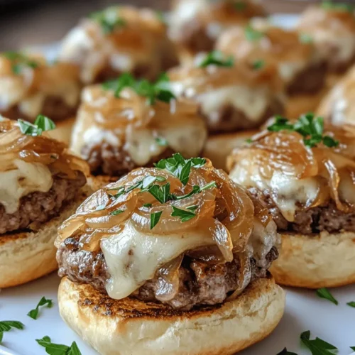 Welcome to a culinary adventure that promises to tantalize your taste buds and impress your guests! The French Onion Beef Sliders are a delightful twist on the classic French onion soup, combining sweet caramelized onions, savory ground beef, and melted Gruyère cheese, all snugly tucked into soft brioche buns. This dish is perfect for any occasion, whether it's a casual weeknight dinner or an elegant gathering with friends. With straightforward instructions and easily accessible ingredients, anyone can create these mouthwatering sliders that are sure to become a household favorite.