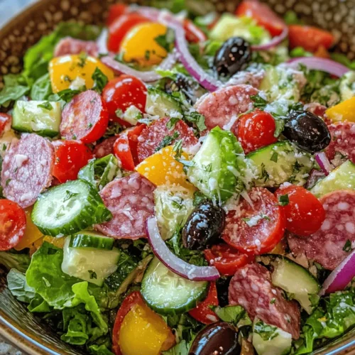 The Italian Grinder Salad is a vibrant and refreshing dish that draws its inspiration from the beloved Italian grinder sandwich, also known as the hoagie or sub. Originating from the bustling delis of the Northeastern United States, this salad pays homage to the traditional flavors of Italy while providing a lighter, healthier alternative. With its colorful medley of fresh vegetables, savory meats, and zesty cheeses, the Italian Grinder Salad is not only visually appealing but also a celebration of the rich culinary heritage of Italian cuisine.