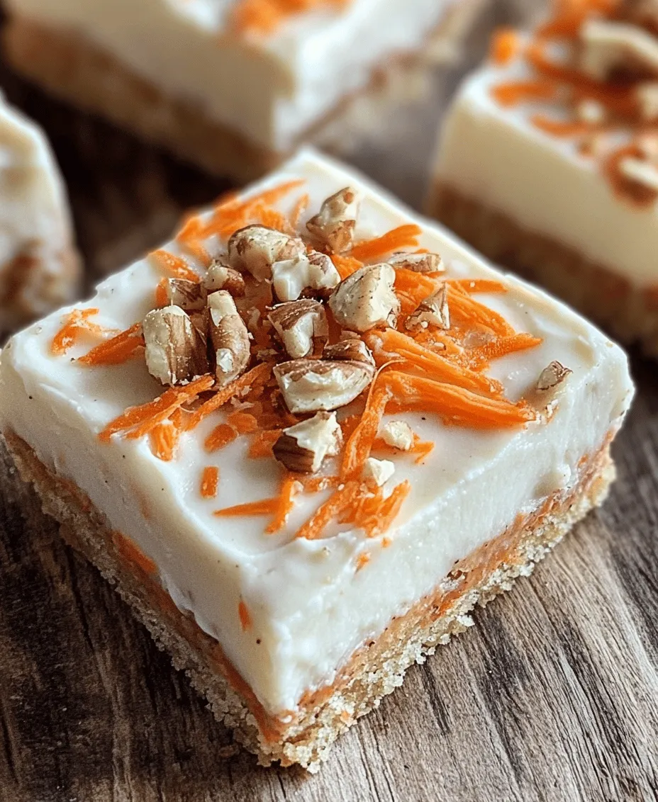 The flavor of carrot cake is unique and complex, offering a delightful combination of sweetness and warmth. The natural sweetness of the carrots enhances the overall taste, while spices such as cinnamon and nutmeg lend warmth and depth. This blend of flavors is often complemented by the creamy, tangy frosting, creating a harmonious balance that keeps you coming back for more. The rich and aromatic profile of carrot cake bars makes them an inviting treat for any dessert table.