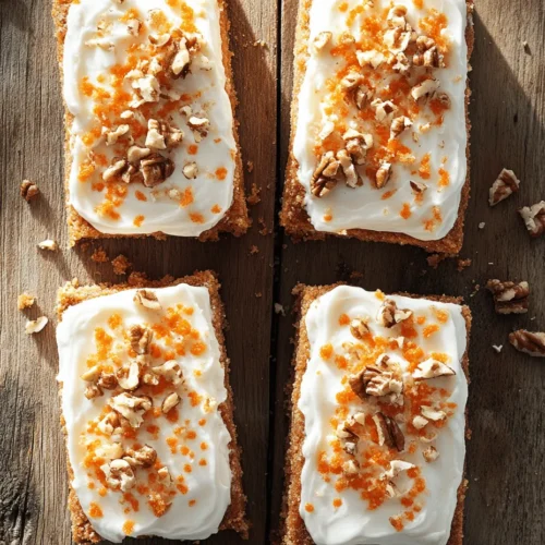 The flavor of carrot cake is unique and complex, offering a delightful combination of sweetness and warmth. The natural sweetness of the carrots enhances the overall taste, while spices such as cinnamon and nutmeg lend warmth and depth. This blend of flavors is often complemented by the creamy, tangy frosting, creating a harmonious balance that keeps you coming back for more. The rich and aromatic profile of carrot cake bars makes them an inviting treat for any dessert table.
