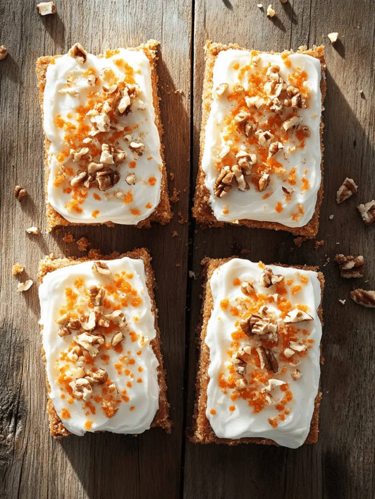 The flavor of carrot cake is unique and complex, offering a delightful combination of sweetness and warmth. The natural sweetness of the carrots enhances the overall taste, while spices such as cinnamon and nutmeg lend warmth and depth. This blend of flavors is often complemented by the creamy, tangy frosting, creating a harmonious balance that keeps you coming back for more. The rich and aromatic profile of carrot cake bars makes them an inviting treat for any dessert table.